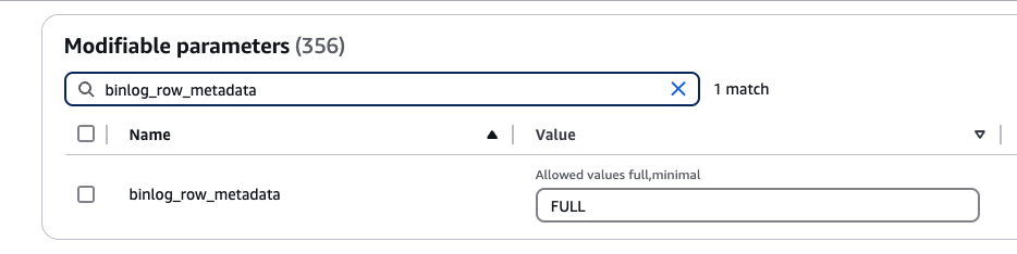 Binlog row metadata со значением FULL