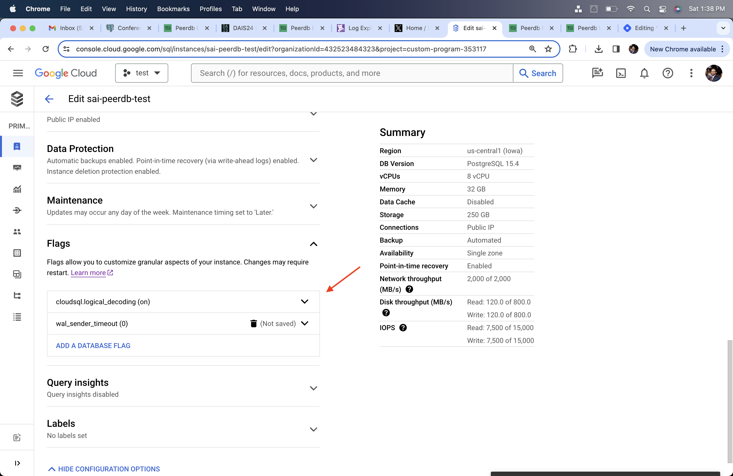 Изменены cloudsql.logical_decoding и wal_sender_timeout